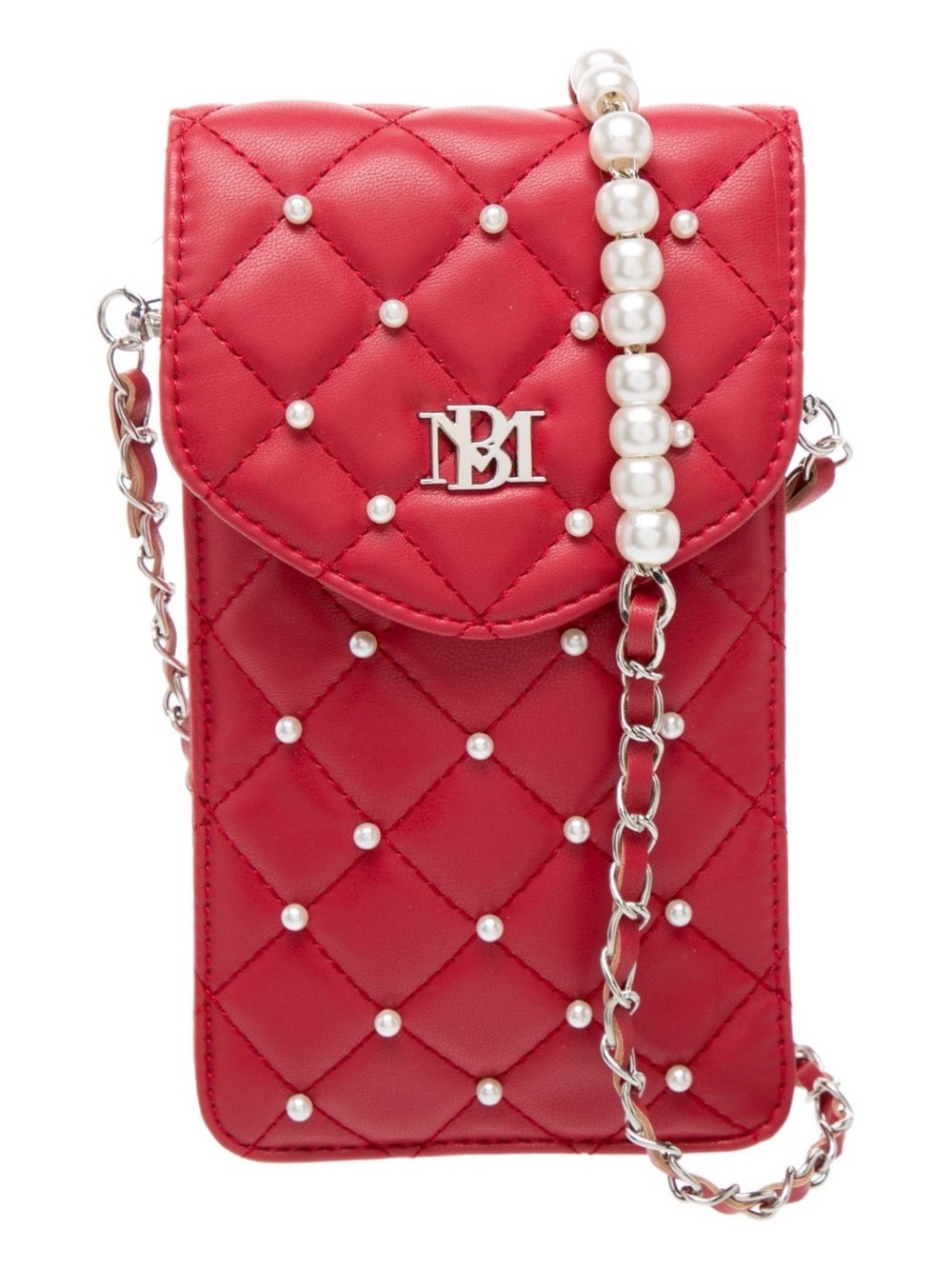 🆕 Badgley Mischka Quilted Red Pearl Embellished Phone Holder Crossbody Bag